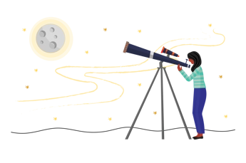 Illustration of woman looking through telescope at moon