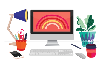 Illustration of desk featuring computer, lamp, plant, coffee cup, phone and stationary