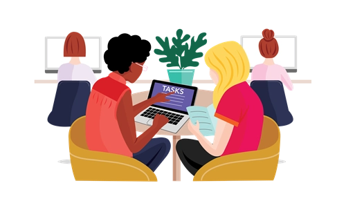 Illustration of two women at table looking at a laptop. Two women on computer and plant in the background