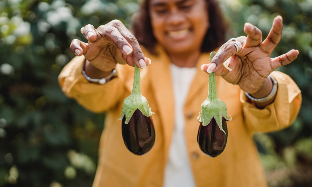 Person showing two small eggplants and smiling