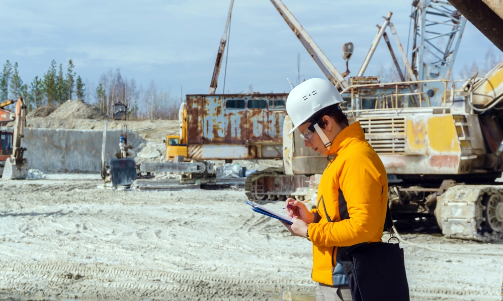 Person with a hard hat taking notes in a construction site with an excavator in the background