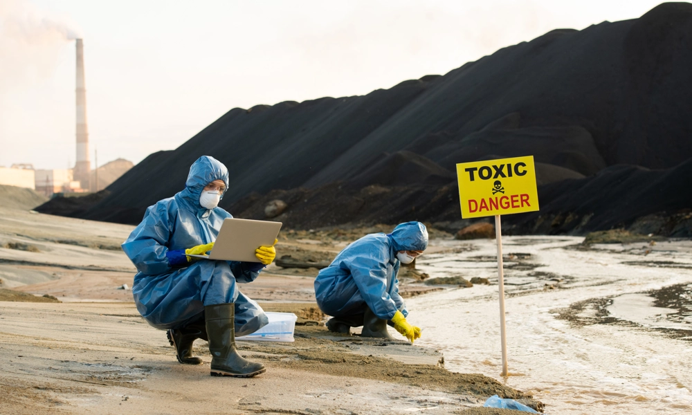 Two people in biohazard suits taking samples from a river, looking at a laptop with a smoking industrial building in the background